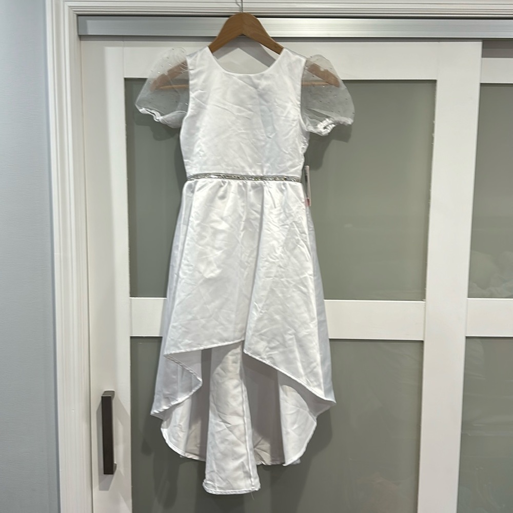 New w/Tags- EMERALD GUMDROPS white dress, silver sparkle. High/low Girls size 7